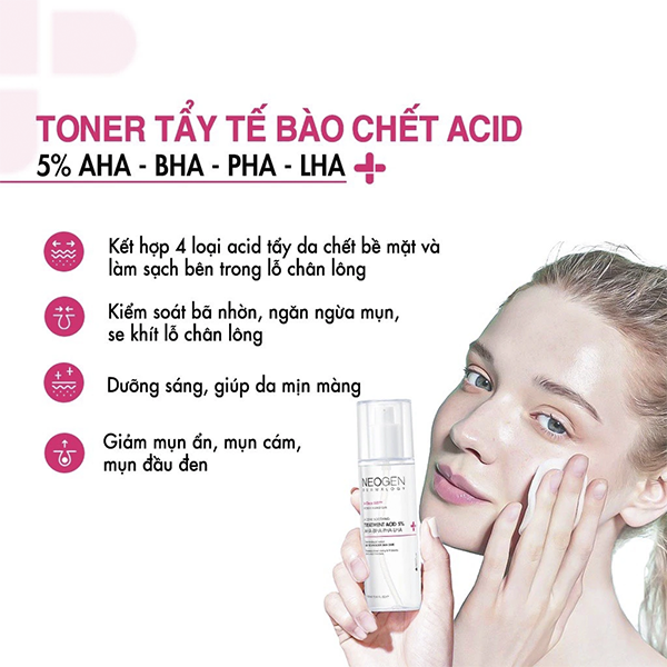 Toner Neogen Dermalogy Treatment Acid 5% AHA - BHA - PHA - LHA, Toner Tẩy Tế Bào Chết, Toner Giảm Mụn 150ml