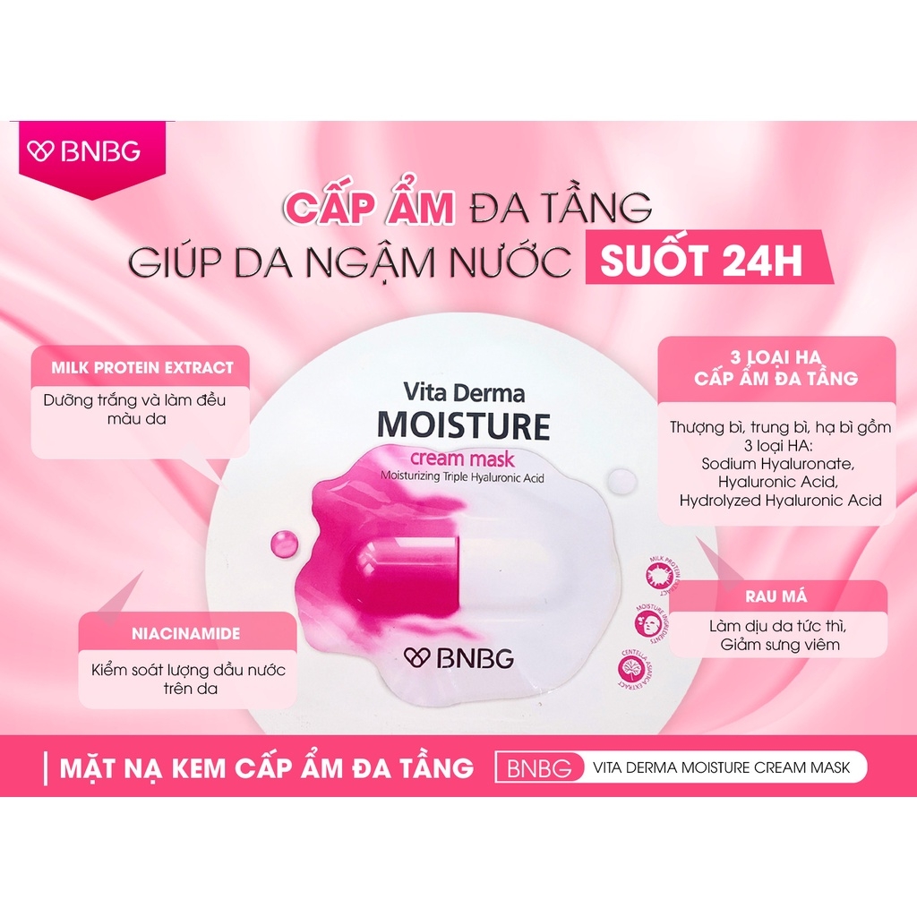 Combo 10 Mặt Nạ Dạng Kem Dưỡng Da Ẩm Mịn, Giúp Da Trắng Hồng BNBG Vita Derma Cream Mask (30ml x 10) BNBG Moisture HỒNG