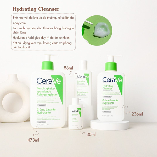 Sữa Rửa Mặt CeraVe Hydrating Cleanser Sữa Rửa Mặt CeraVe Cho Da Thường Đến Khô 30ml/88ml/236ml/473ml