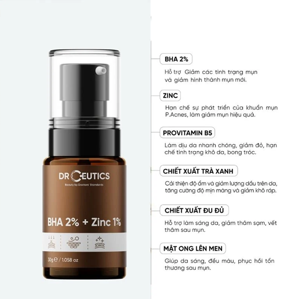Serum DrCeutics BHA 2%+ Zinc 1% Tinh Chất Dưỡng Hỗ Trợ Giảm Mụn, Kiểm Soát Dầu Nhờn 30g