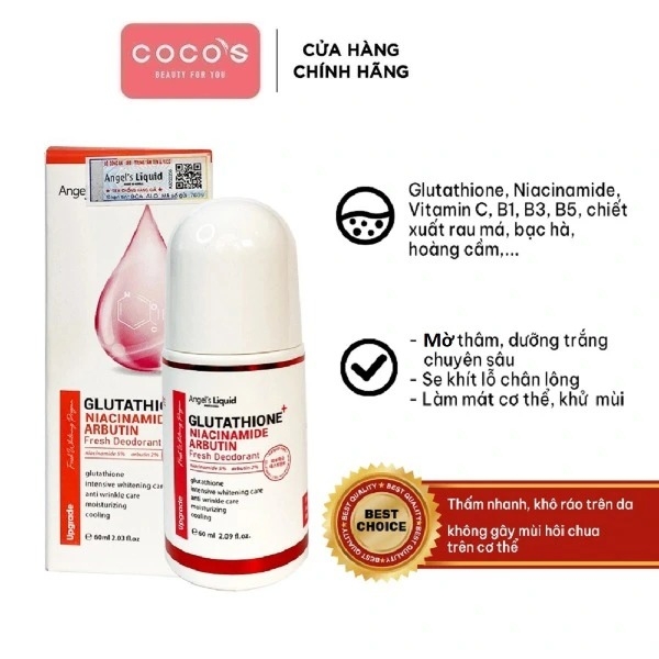 Lăn Khử Mùi Angel's Liquid Glutathione Niacinamide Cooling Fresh Dedorant Giảm Thâm Nách Làm Trắng Da 60ml
