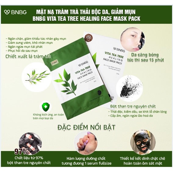 Combo 5 Mặt Nạ Giấy Chiết Xuất Tràm Trà Dành Cho Da Mụn BNBG Vita Tea Tree Healing Facial Mask 30ml x 5