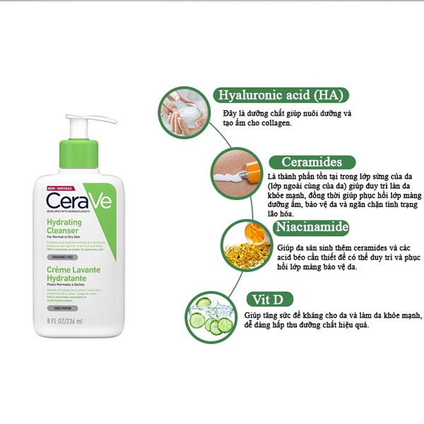 Sữa Rửa Mặt CeraVe Hydrating Cleanser Sữa Rửa Mặt CeraVe Cho Da Thường Đến Khô 30ml/88ml/236ml/473ml