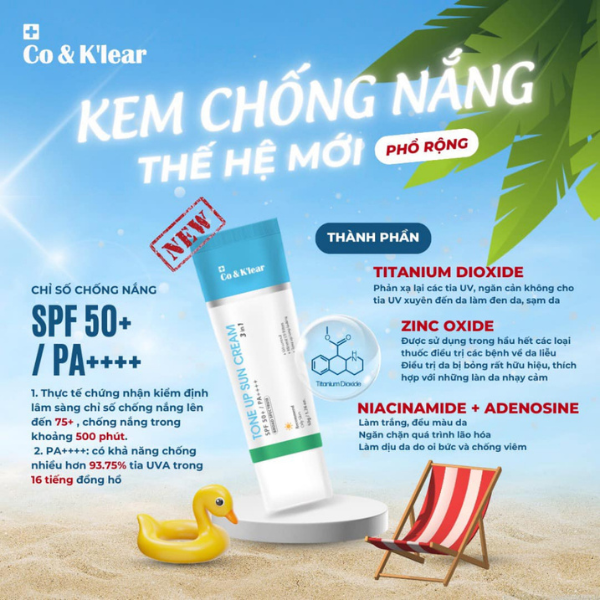 Kem Chống Nắng Co&Klear Tone Up 3IN1, Kem Chống Nắng Phổ Rộng SPF 50+ PA++++, Kem Chống Nắng Nâng Tone 50g