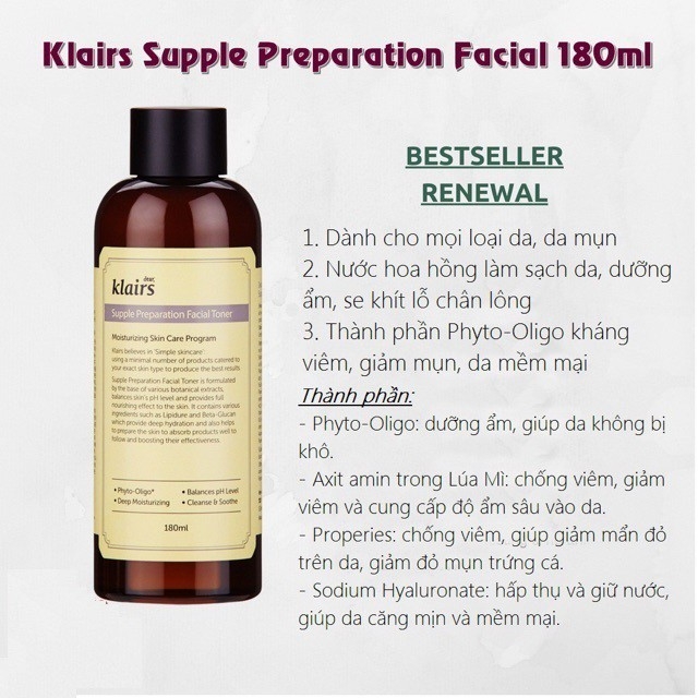 Nước Hoa Hồng Dành Cho Da Nhạy Cảm Dear, Klairs Supple Preparation Toner 180ml