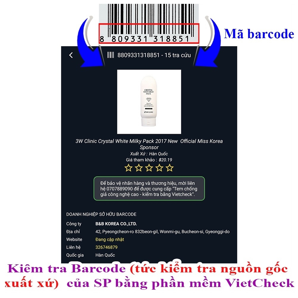 Kem ủ trắng 3W Clinic Whitening Crystal White Milky Pack Tone Up 200ml