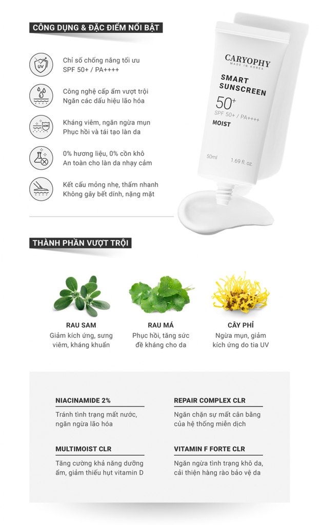 Kem Chống Nắng Phục Hồi Da Tổn Thương Caryophy Smart Sunscreen Tone Up 50ml