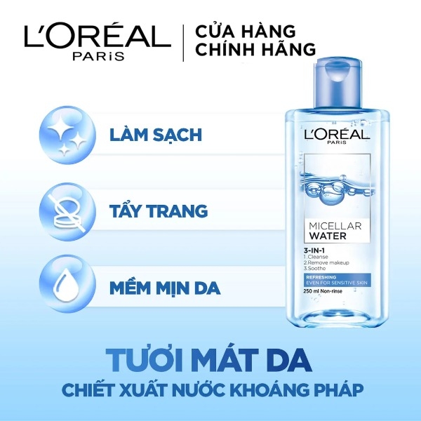 Nước Tẩy Trang L'Oreal Micellar Water 3-in-1 Refreshing Even For Sensitive Skin Tươi Mát Cho Da Dầu, Hỗn Hợp 400ml