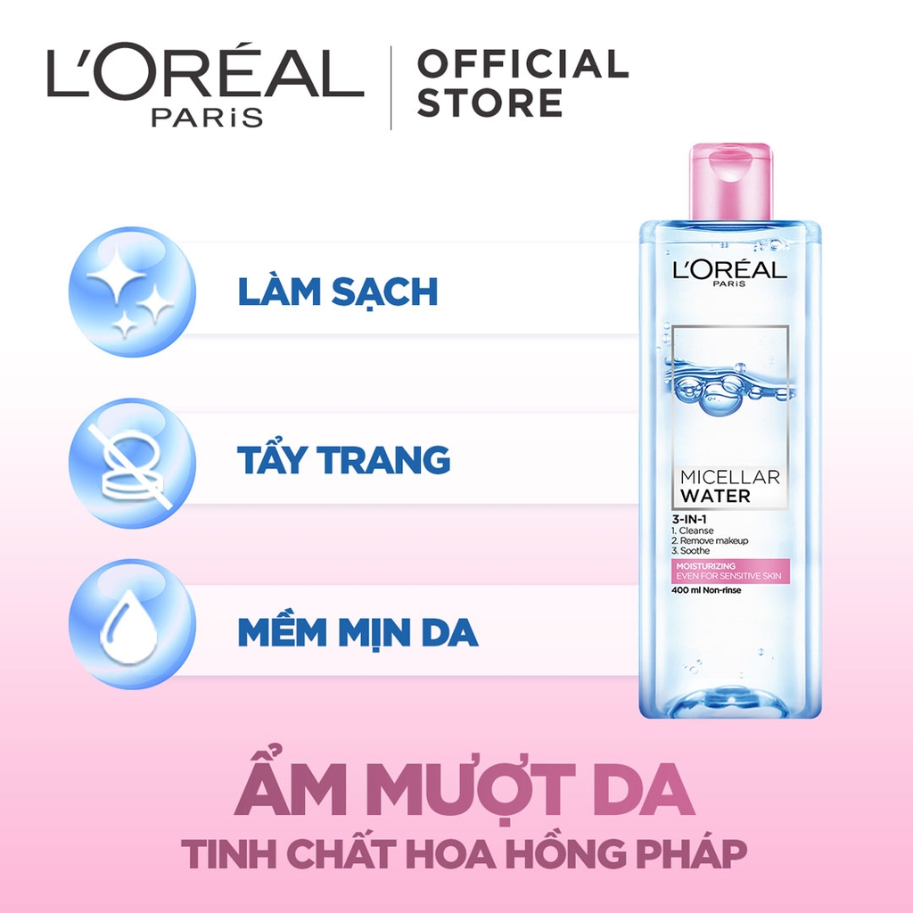 Nước Tẩy Trang L'Oreal Micellar Water 3-in-1 Moisturizing Even For Sensitive Skin Dưỡng Ẩm Cho Da Thường, Khô 400ml