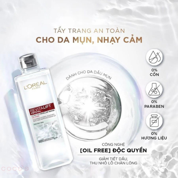 Nước Tẩy Trang L'Oréal Paris Revitalift Crystal Purifying Micellar Water Làm Sạch Sâu Cho Da Dầu