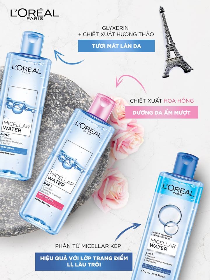 Nước Tẩy Trang L'Oreal Micellar Water 3-in-1 Refreshing Even For Sensitive Skin Tươi Mát Cho Da Dầu, Hỗn Hợp 400ml