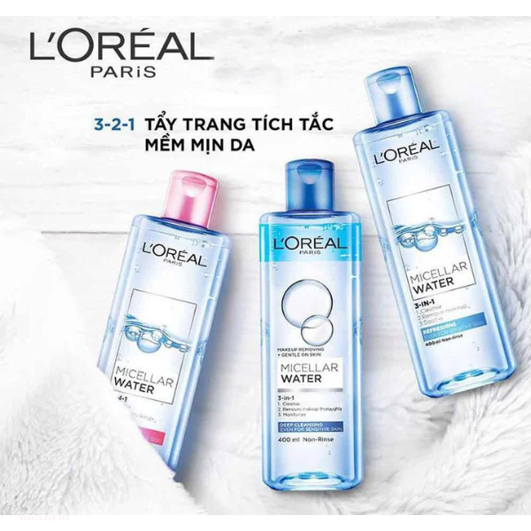 Nước Tẩy Trang L'Oreal Micellar Water 3-in-1 Refreshing Even For Sensitive Skin Tươi Mát Cho Da Dầu, Hỗn Hợp 400ml