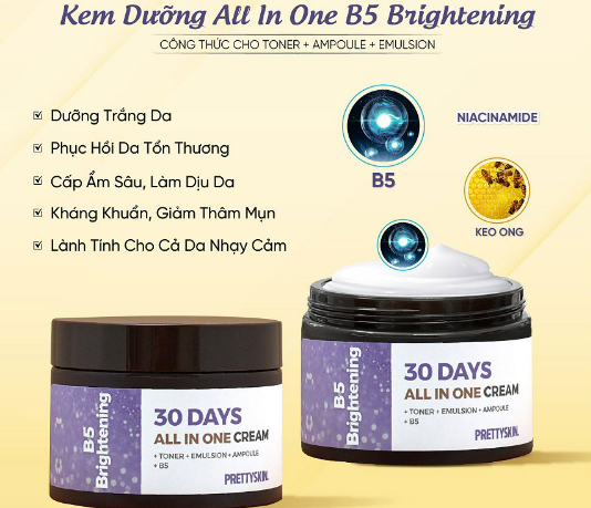 Kem Dưỡng Phục Hồi, Dưỡng Ẩm Trắng Da Pretty Skin 30 Days All In One Cream B5 Brightening 100ml