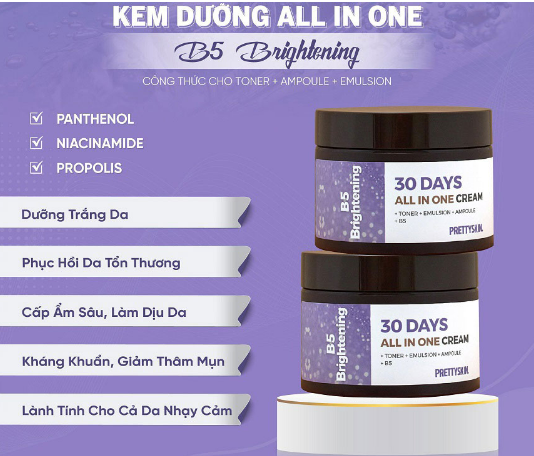 Kem Dưỡng Phục Hồi, Dưỡng Ẩm Trắng Da Pretty Skin 30 Days All In One Cream B5 Brightening 100ml