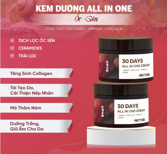 Kem Dưỡng Pretty Skin 30 Days All In One Cream - Ốc Sên, Kem Dưỡng Cấp Ẩm Cho Da 30 days