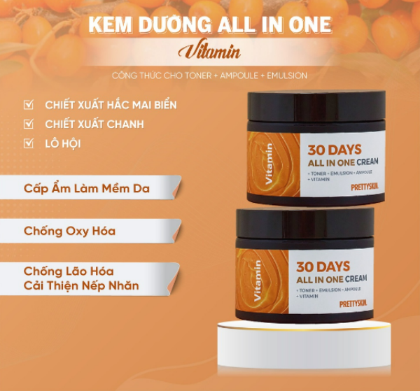 Kem Dưỡng Pretty Skin Vitamin 30 Days All In One Cream, Kem Dưỡng Cấp Ẩm  Cho Da
