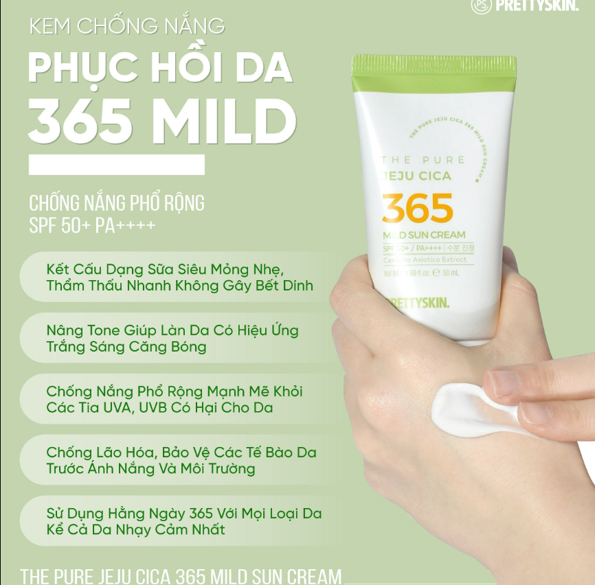 KEM CHỐNG NẮNG HẰNG NGÀY 365 PRETTYSKIN THE PURE JEJU CICA 365 MILD SUN CREAM