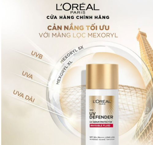 Kem Chống Nắng L'Oreal Paris X20 UV Defender Serum Invisible Fluid, Kem Chống Nắng Thoáng Da Mỏng Nhẹ SPF+ 50++++ 50ml