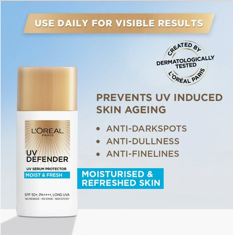 Kem Chống Nắng  L'Oréal Uv Defender Moist & Fresh Serum Protector, Kem Chống Nắng Hổ Trợ Cấp Ẩm Spf 50+ Pa++++ 50Ml