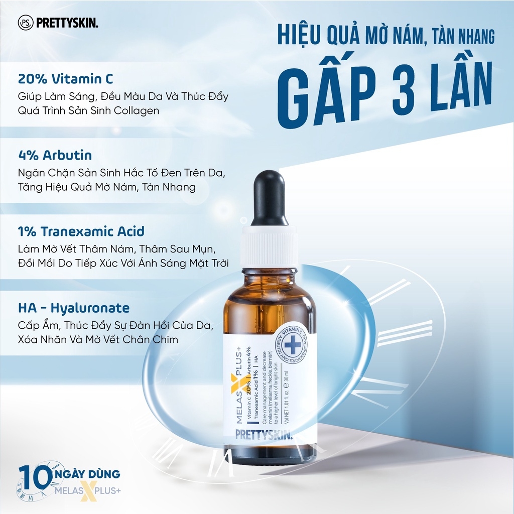Tinh Chất Dưỡng Trắng Mờ Thâm Nám Prettyskin Melas X Plus Vitamin C 20% Arbutin 4% 30ml