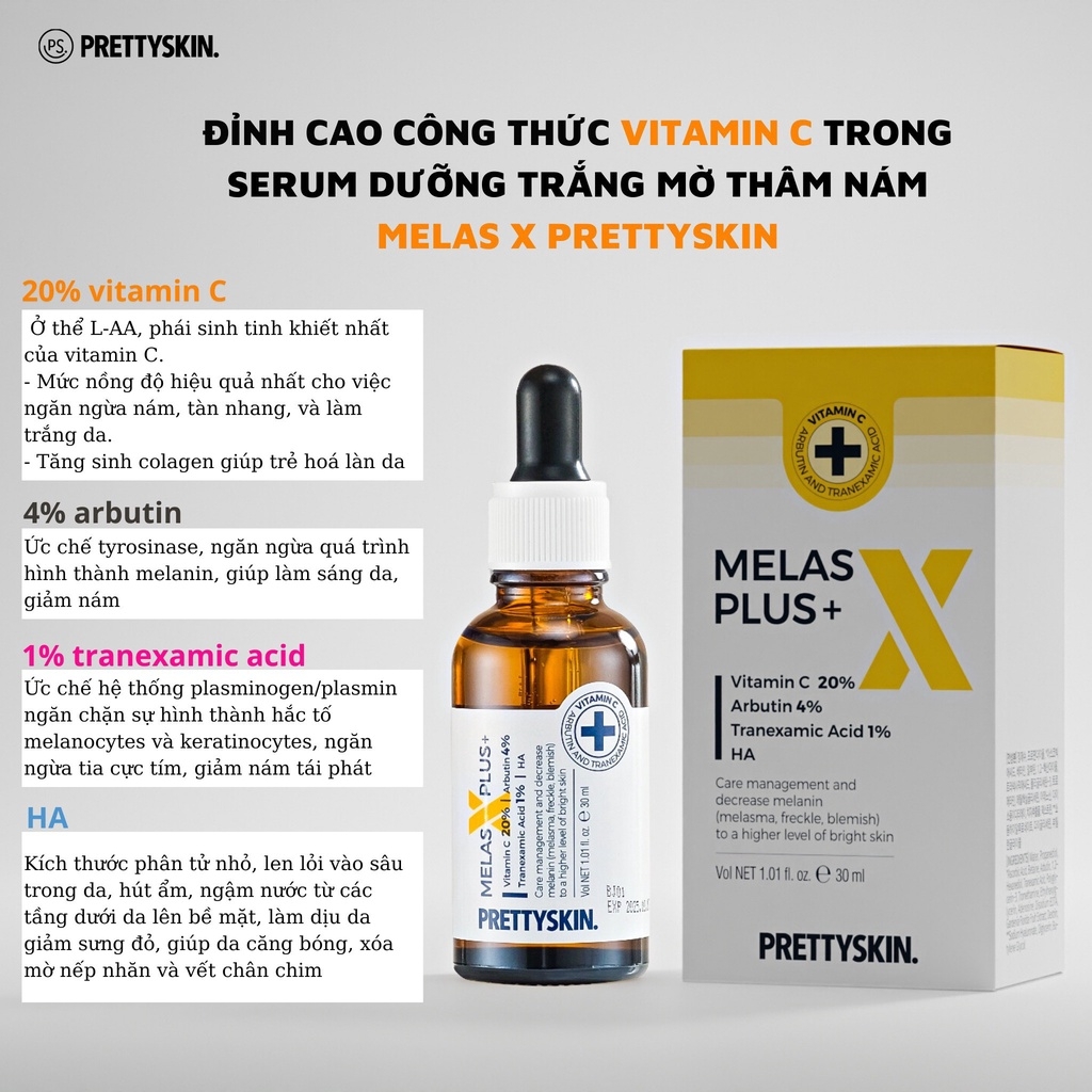 Tinh Chất Dưỡng Trắng Mờ Thâm Nám Prettyskin Melas X Plus Vitamin C 20% Arbutin 4% 30ml