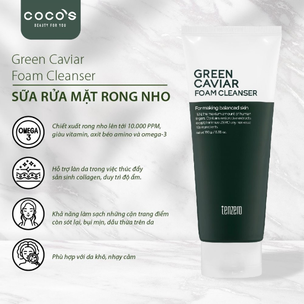 Sữa Rửa Mặt Chiết Xuất Rong Nho Tenzero Green Caviar Foam Cleanser Thu Nhỏ Lỗ Chân Lông 180g