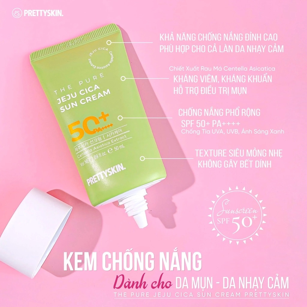 Kem Chống Nắng Pretty Skin The Pure Jeju Cica Sun Cream Kem Chống Nắng Rau Má Kem Chống Nắng Phổ Rộng SPF 50+ Pa++++50ml