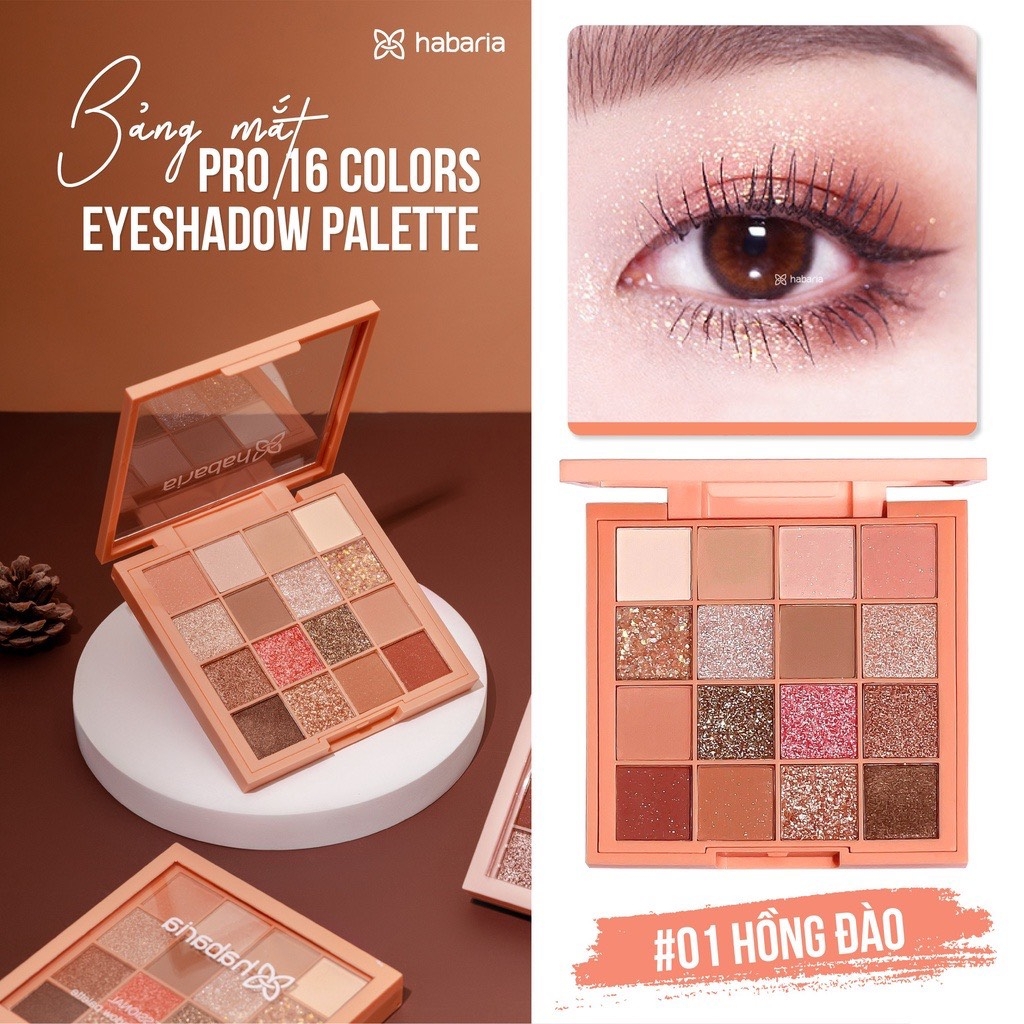 Bảng Phấn Mắt 16 Ô Siêu Mềm Mịn, Bền Màu, Lâu Trôi Habaria Eyeshadow Palette 16g