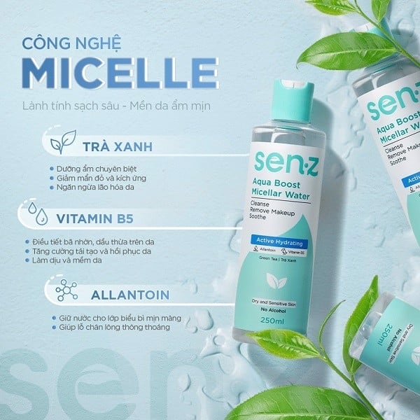 Bộ đôi Tẩy Trang Micellar Water & Cleansing gel Trà Xanh Cấp Ẩm, Sạch Sâu, Sáng Da Micellar Water 250ml - Trà Xanh