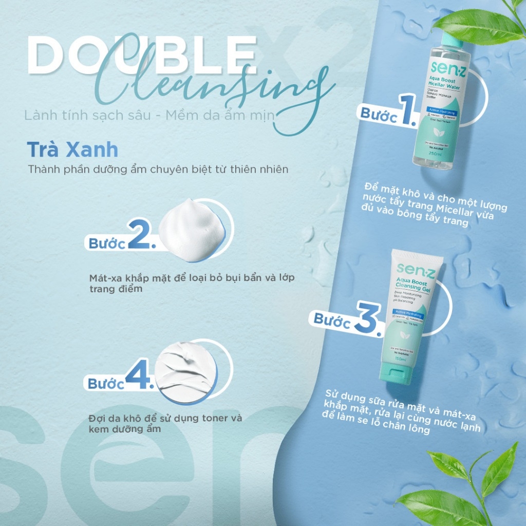 Bộ đôi Tẩy Trang Micellar Water & Cleansing gel Trà Xanh Cấp Ẩm, Sạch Sâu, Sáng Da Micellar Water 250ml - Trà Xanh
