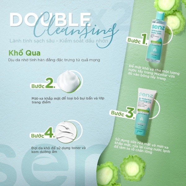 Nước Tẩy Trang SENZ Tẩy Trang Micellar Water & Cleansing gel Cấp Ẩm, Sạch Sâu, Sáng Da Micellar Water 250ml - Bộ đôi Khổ Qua
