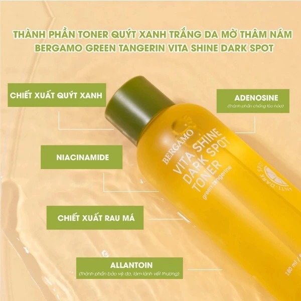 Toner Quýt Xanh Trắng Da Mờ Thâm Nám Bergamo Green Tangerine Vita Shine Dark Spot Toner 180ml