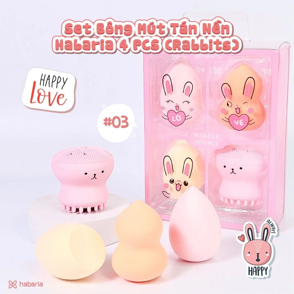 Set bông mút tán nền Habaria 4 món gồm 3 mút 1 cọ rửa mặt bạch tuộc