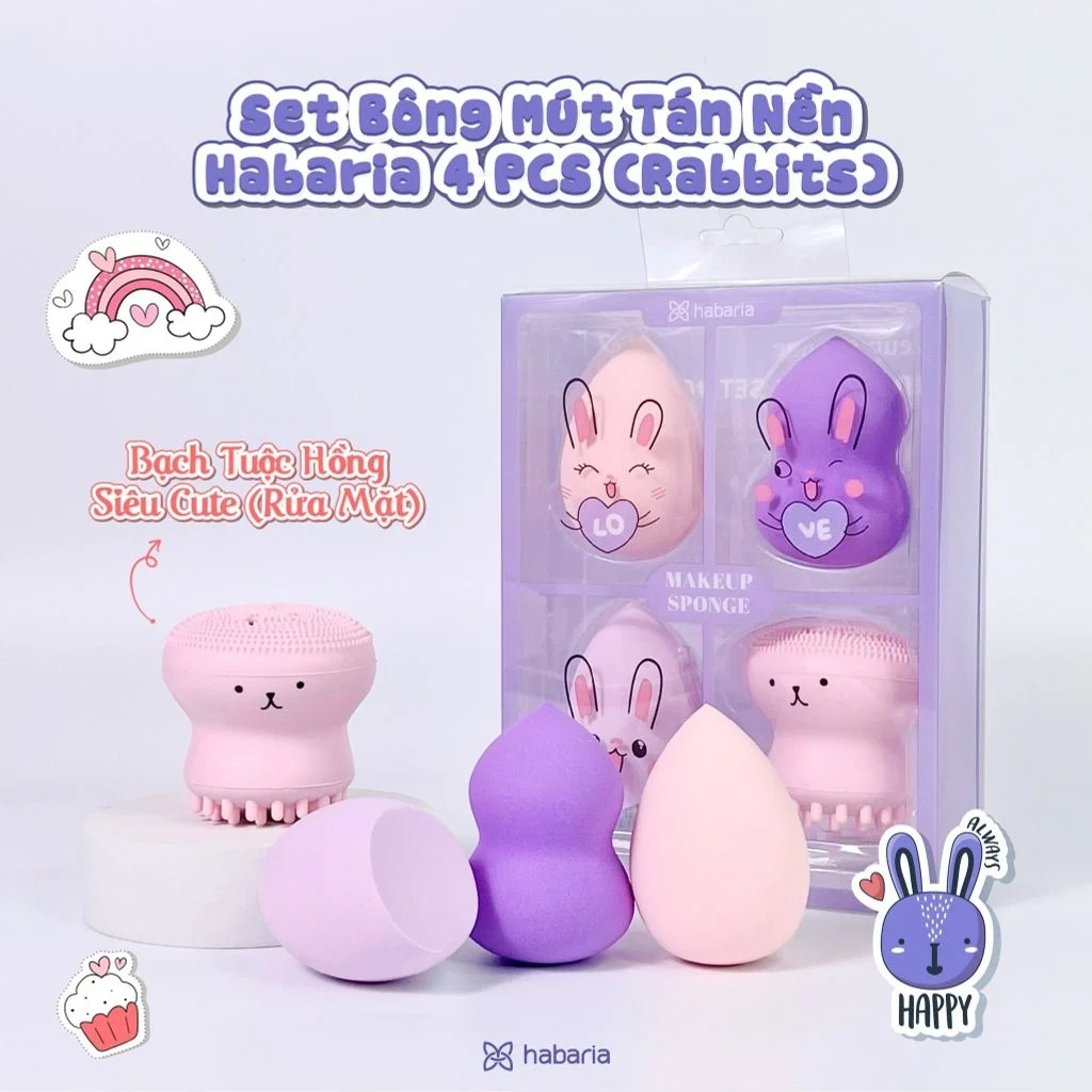 Set bông mút tán nền Habaria 4 món gồm 3 mút 1 cọ rửa mặt bạch tuộc