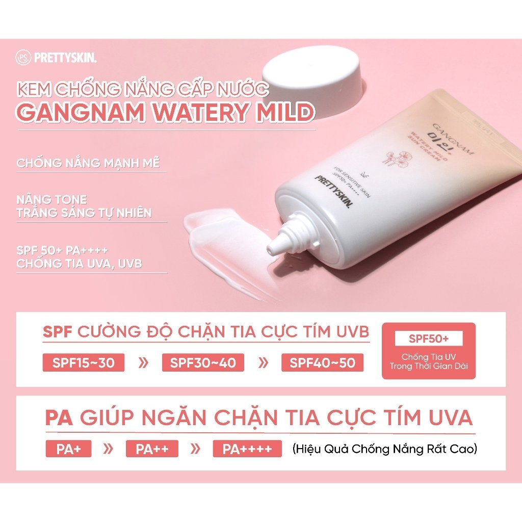 Kem Chống Nắng Gangnam Watery Mild Kem Chống Nắng Phổ Rộng Nâng Tone Cấp Nước Cho Da Khô SPF 50+ PA++++ 50ml