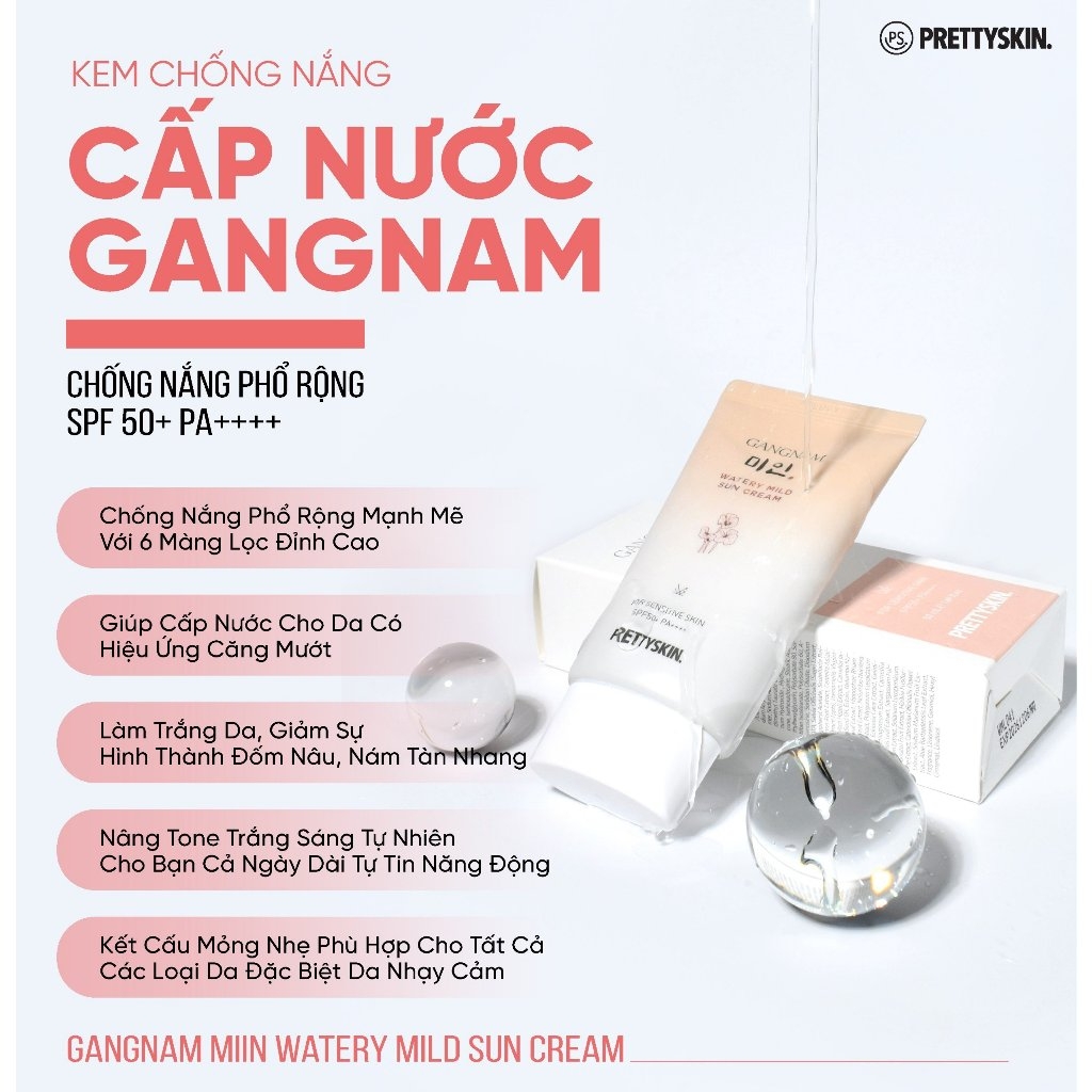 Kem Chống Nắng Gangnam Watery Mild Kem Chống Nắng Phổ Rộng Nâng Tone Cấp Nước Cho Da Khô SPF 50+ PA++++ 50ml