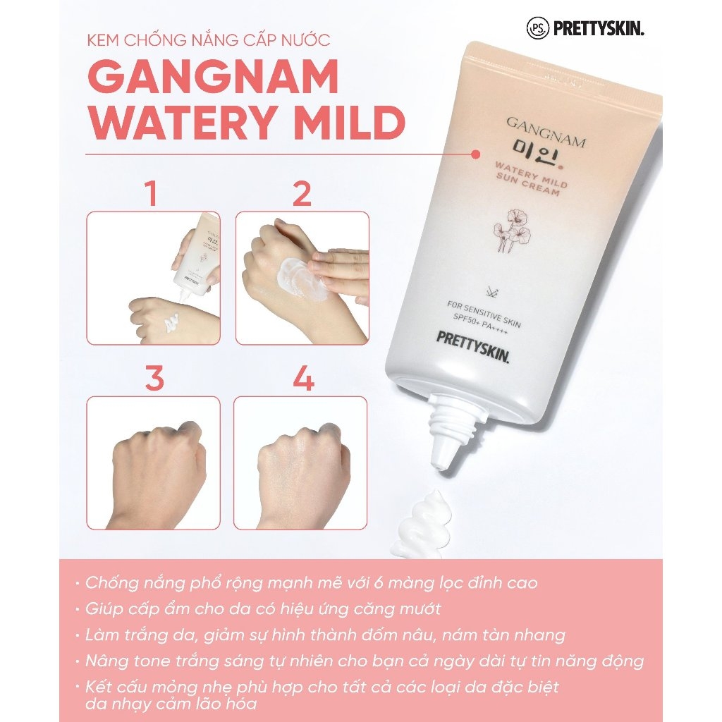 Kem Chống Nắng Gangnam Watery Mild Kem Chống Nắng Phổ Rộng Nâng Tone Cấp Nước Cho Da Khô SPF 50+ PA++++ 50ml