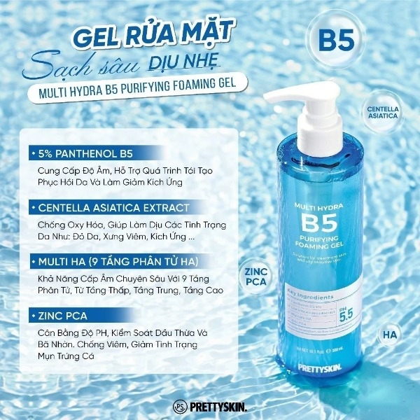 Sữa Rửa Mặt Pretty Skin Multi Hydra B5 Purifying Foaming Gel Dạng Gel Mọi Loại Da 300ml
