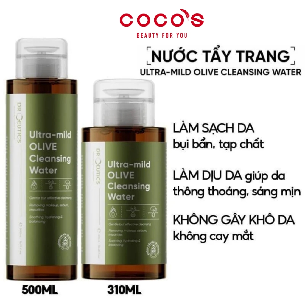 Nước Tẩy Trang DrCeutics Ultra-mild Olive Cleansing Water Nước Tẩy Trang Làm Sạch Dịu Nhẹ, Cấp Ẩm 500ml