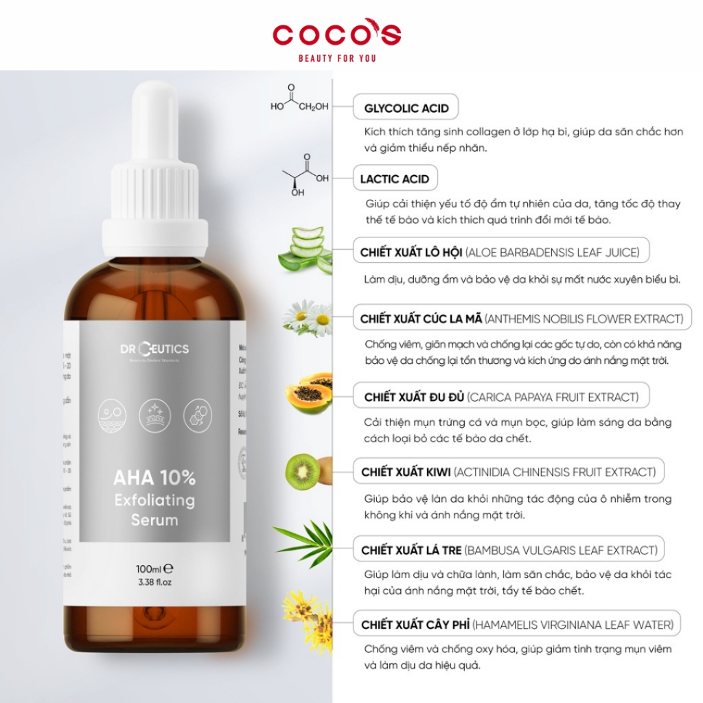 Dung Dịch DrCeutics AHA 10% Exfoliating Serum Dung Dịch Tẩy Da Chết Làm Sáng Và Giảm Lão Hóa Da 30ml/100ml