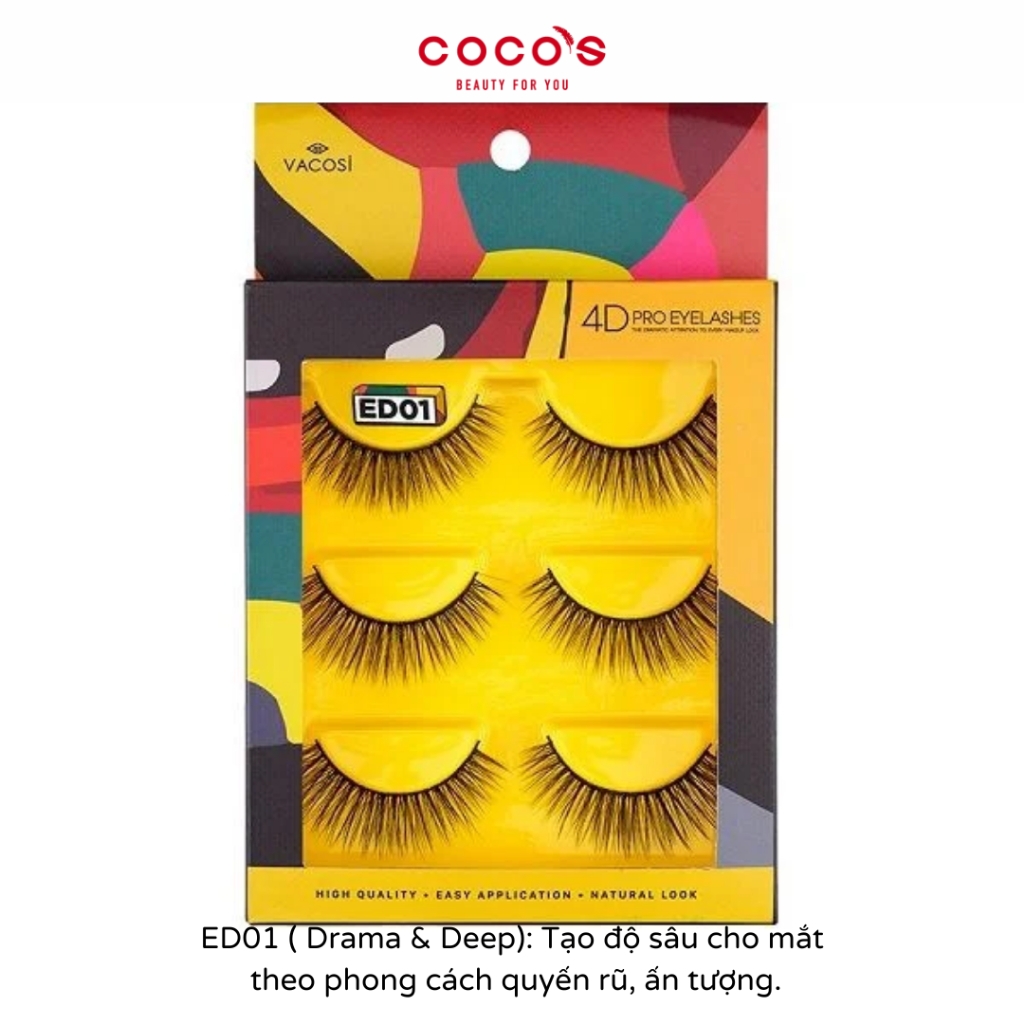 Lông Mi Giả Vacosi 4D Pro Eyelash, Lông Mi Giả Xếp Lớp Đa Tầng, Lông Mi Giả Tự Nhiên - EQ01- ED01- EV01 (3 Đôi)