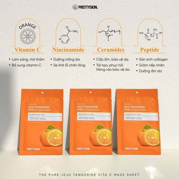 Mặt Nạ Pretty Skin The Pure Jeju Tangerine VITA C Mask Sheet, Mặt Nạ Dưỡng Trắng Da, Mặt Nạ Vitamin C 25ml