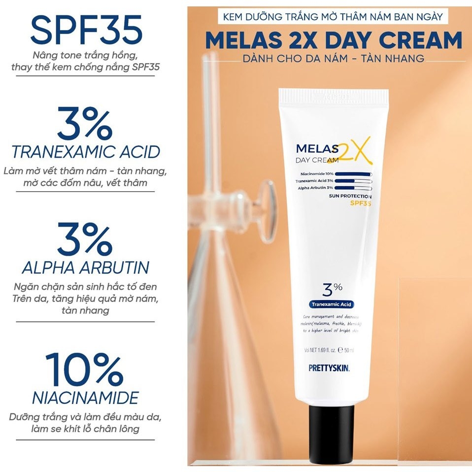 Kem Dưỡng Pretty Skin Melas 2x Day Cream, Kem Dưỡng Ban Ngày Trắng Da, Kem Dưỡng Mờ Thâm Sạm Nám 50ml