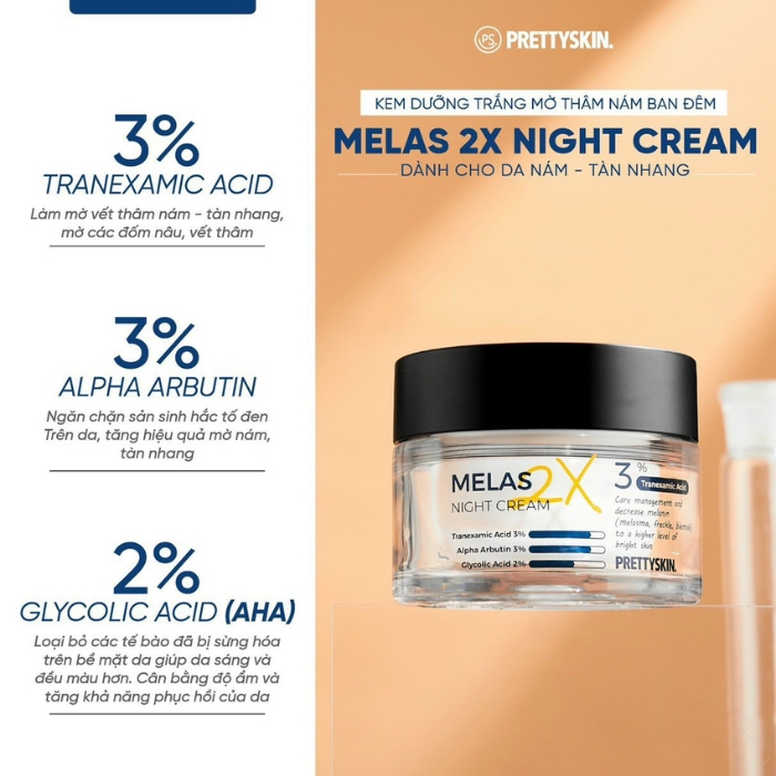 Kem Dưỡng Pretty Skin Melas 2x Night Cream, Kem Dưỡng Ban Đêm Trắng Da, Kem Dưỡng Mờ Thâm Sạm Nám 50ml