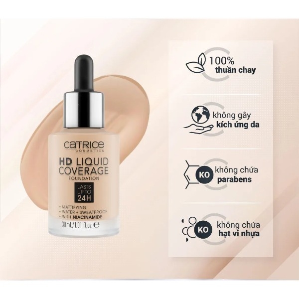 Kem Nền Catrice HD Liquid Coverage Foundation 24H Che Phủ Tự Nhiên Tạo Độ Mịn Màng Cho Da 30ml