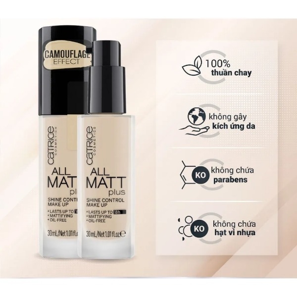 Kem Nền Catrice 18H All Matt Plus Shine Control Make Up Bền Màu Độ Che Phủ Cao 30ml