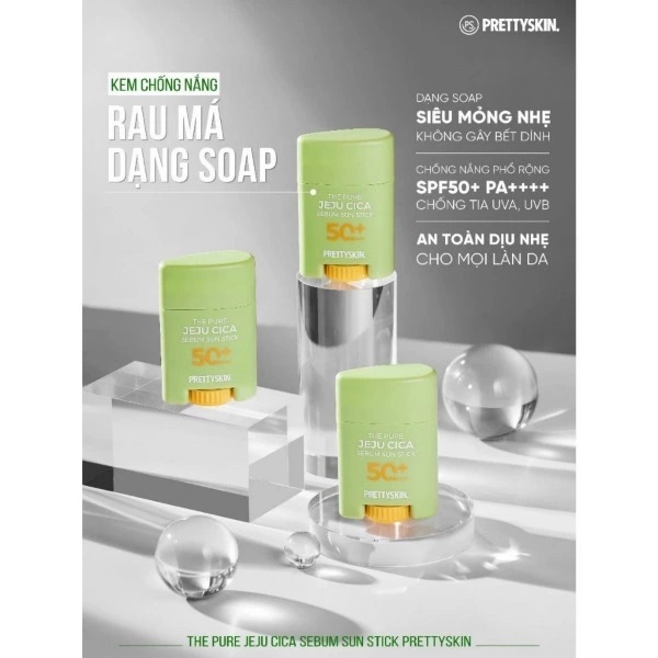 Sáp Chống Nắng Prettyskin The Pure Jeju Cica Sebum Sun Stick, Sáp Chống Nắng Rau Má,Sáp Chống Nắng Da Mụn SPF50+PA++++18g