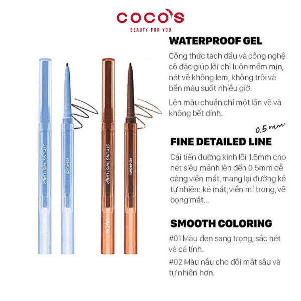 Chì Kẻ Mắt Vacosi Styling Twist Liner New Concept, Chì Gel Kẻ Mắt Siêu Mảnh VM26