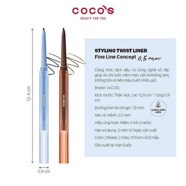 Chì Kẻ Mắt Vacosi Styling Twist Liner New Concept, Chì Gel Kẻ Mắt Siêu Mảnh VM26