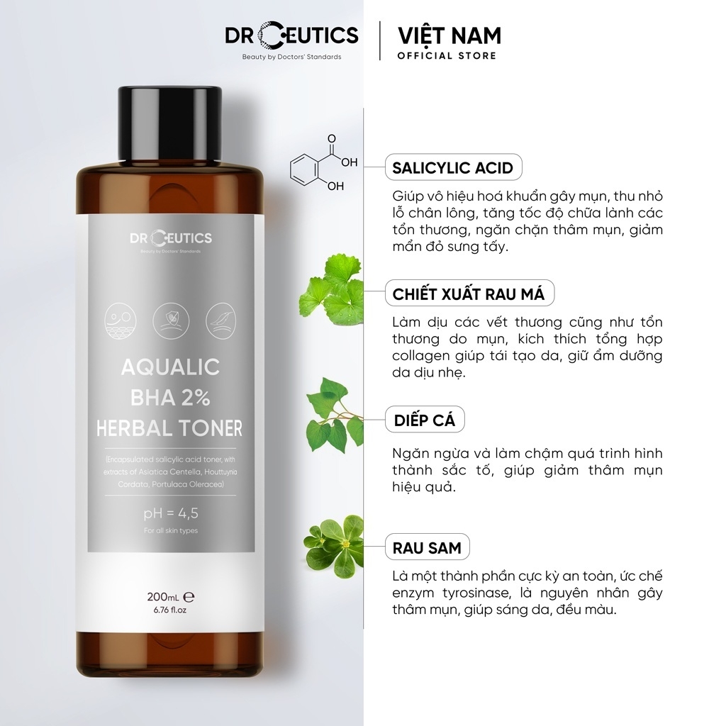 Dung Dịch Drceutics Cân Bằng Da Aqualic Bha 2% Herbal Toner - Nền Nước 100ml/200ml